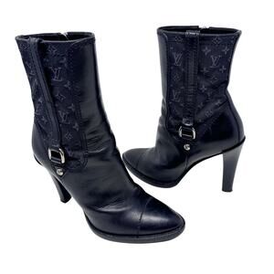 LOUIS VUITTON Black Mini Lin Monogram Leather Jodie Ankle Heels Boots EU 36.5
